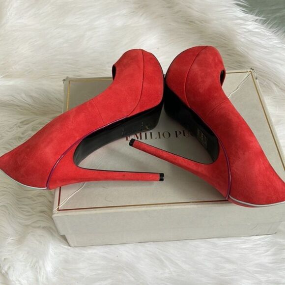 Emilio Pucci suede Open Toe Heels size 38 red coral color - Picture 3 of 8